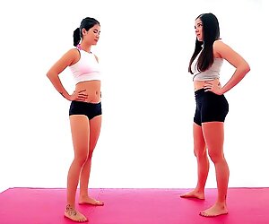 Asian vs Brunette Bikini Catfight Femdom Scissorhold