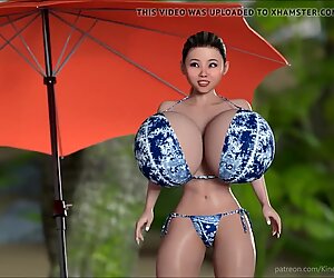 Big boob Asian girl posing at beach, trying not to fall over